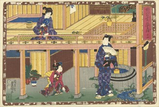Prince Genji with fan standing at a well, looking at a woman sitting on veranda of first floor; a