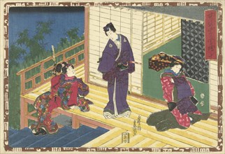 Prince Genji on a veranda with two women, Japanese print, Kunisada (I), Utagawa, Mera Taichiro,