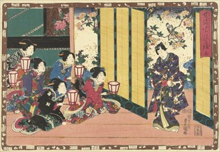 Five women sitting with hand lanterns, watching Prince Genji against a background of a flowering