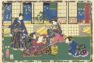 Prince Genji, an elegantly dressed woman and a maid, Japanese print, Kunisada (I), Utagawa,
