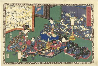 Prince Genji, two women and a girl sitting around large container with toys; in room with folding