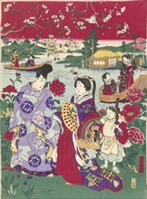 A walk along a pond, Japanese print, Anonymous, 1850 - 1900