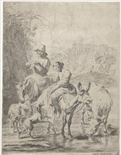 Shepherdess on donkey and shepherd on horseback crossing creek, Nicolaes Pietersz. Berchem, print