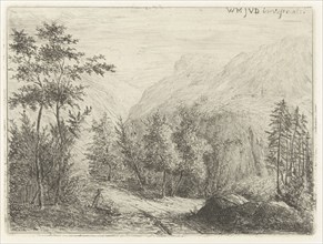 Mountain landscape with resting figure along road, Willem Matthias Jan van Dielen, 1860