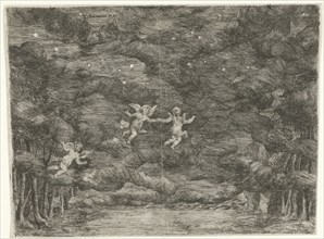 Stage Decoration with angels in the night sky, Jan van Ossenbeeck, 1663 - 1674