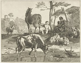 Herd of cattle in hilly landscape, Jan Matthias Cok, 1735-1771
