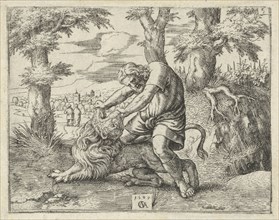 Samson kills the lion, Cornelis Massijs, 1549