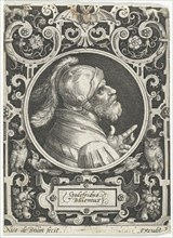 Portrait of Godfrey of Bouillon in medallion inside rectangular frame with ornaments, Nicolaes de
