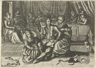 Interior in which two women of easy virtue undress a man, print maker: Christiaan Le Blon