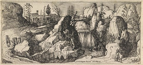 Rocky landscape with a waterfall, Henry le Roy, 1614-1618