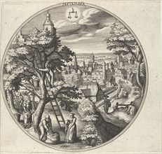 Round table with an autumn landscape and autumn scenes, September is the month of fruit, the fruit