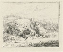 Lying sheep with two lambs, William Young Ottley, 1685