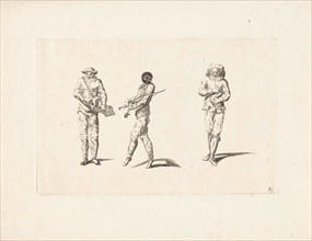 Harlequin and two jesters making music, Anonymous, Gerardus Josephus Xavery, Pieter Schenk (I),