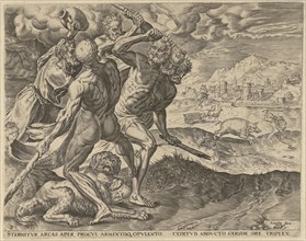 Hercules kills Geryon and his dog, Cornelis Cort, Julius Goltzius, in or after 1563 - before 1595