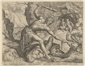 Hercules drags Cerberus from Hell, Julius Goltzius Cornelis Cort, in or after 1563 - before 1595