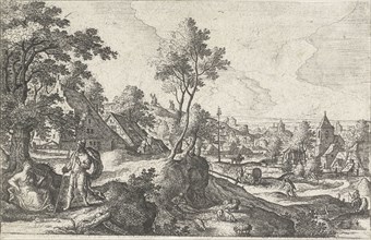 Landscape with traveler and resting woman, Hans Bol, Anonymous, c. 1550 - c. 1650