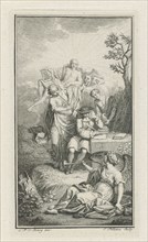Playwright Paul Scarron surrounded by allegorical figures, Jacob Folkema, 1703 - 1767