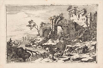 Landscape with ruins and waterfall, Jan Smees, 1705 - 1729