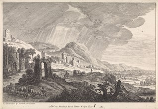 Hill landscape with ruins, Pieter Nolpe, Gerard van Keulen, 1688 - 1727