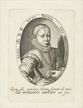 Bust of Hugo Grotius as 15-year-old young man, seen on the right side, in oval, print maker: Jacob