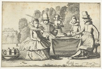 People enjoying a meal at a table in a garden, Claes Jansz. Visscher II, 1615 - 1620,
