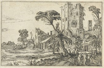Three men on a path along a crumbling tower, Visscher II, 1614