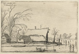 Farm in a frozen river with skaters, Esaias van de Velde, 1616