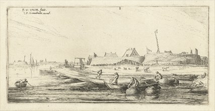 Rowing boats with fishermen before a fort on the Scheldt, Esaias van de Velde, 1615 - 1616