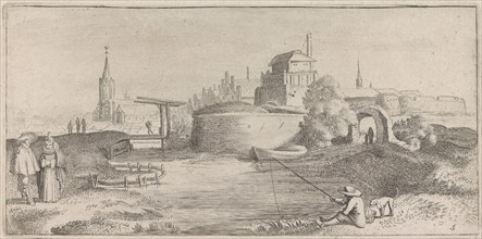 Angler in a fortified city, Jan van de Velde II, 1627