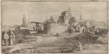 Angler in a fortified city, Jan van de Velde (II), Cornelis Willemsz Blaeu-Laken, 1627