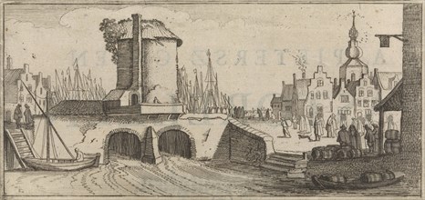 View of a bridge in a city, print maker: Jan van de Velde II, Cornelis Willemsz Blaeu-Laken, 1627