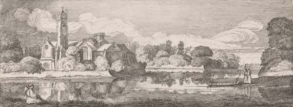 Clerics at an abbey in a river landscape, print maker: Jan van de Velde II, Willem Pietersz.