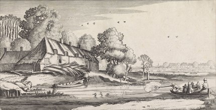 Duck hunting on a river at a farm, print maker: Jan van de Velde II, 1639 - 1641