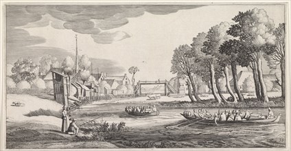 Two rowing boats on a river in a village, print maker: Jan van de Velde II, 1639 - 1641