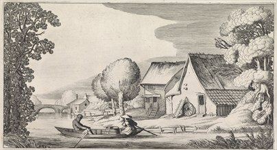 Farmer and his wife in a rowing boat, in the background a stone bridge can be seen, print maker:
