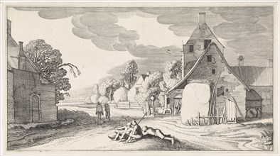 Resting farmers along a road in a village, print maker: Jan van de Velde II, 1639 - 1641