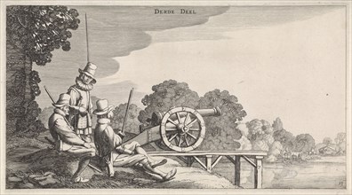 Soldiers with a gun on a dock on a river, Jan van de Velde (II), 1639-1641