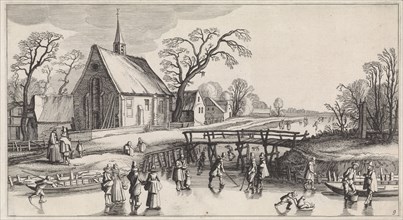 Winter Landscape with Skaters near a village, in the middle a wooden bridge, in the foreground