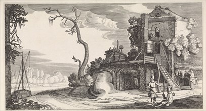 Two falconers in a tower used as an inn, print maker: Jan van de Velde II, 1639 - 1641
