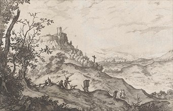 Mountain Landscape with walkers and shepherds, Claes Jansz. Visscher (II), 1610 - 1652