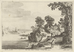 River landscape with travelers on country road, on a stone bridge over a waterfall a horseman in