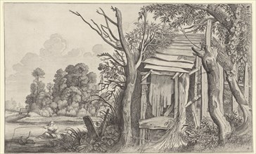 Angler in a dilapidated hut in a landscape, print maker: Jan van de Velde II, Pieter de Molijn,