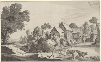 Shepherd with cows at a watermill, Jan van de Velde (II), Claes Jansz. Visscher (II), 1604 - 1641