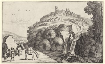 Travelers at a waterfall in a mountain landscape, Jan van de Velde (II), 1603 - 1641