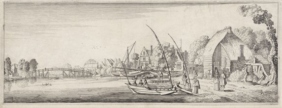 Boats at a village on a river, Jan van de Velde (II), 1603 - 1641
