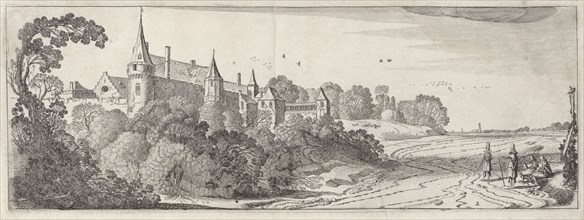 Four elegantly dressed men on a path to a castle, print maker: Jan van de Velde (II), Dating 1603 -