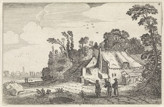 Figures on a country road near a farm, print maker: Jan van de Velde II, 1616
