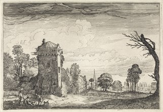 Hunters with dogs in a tower in a landscape, Jan van de Velde (II), 1616