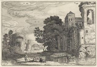 Three figures on a bank of a river near a castle, print maker: Jan van de Velde (II), Dating 1616