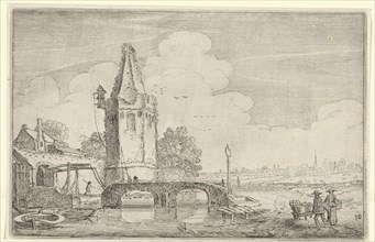 Landscape with a tower and a bridge over the River Niers, Jan van de Velde (II), 1616